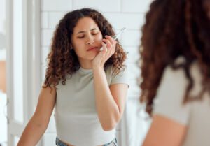 curly hair woman signaling with her gesture tooth pain or  discomfort 